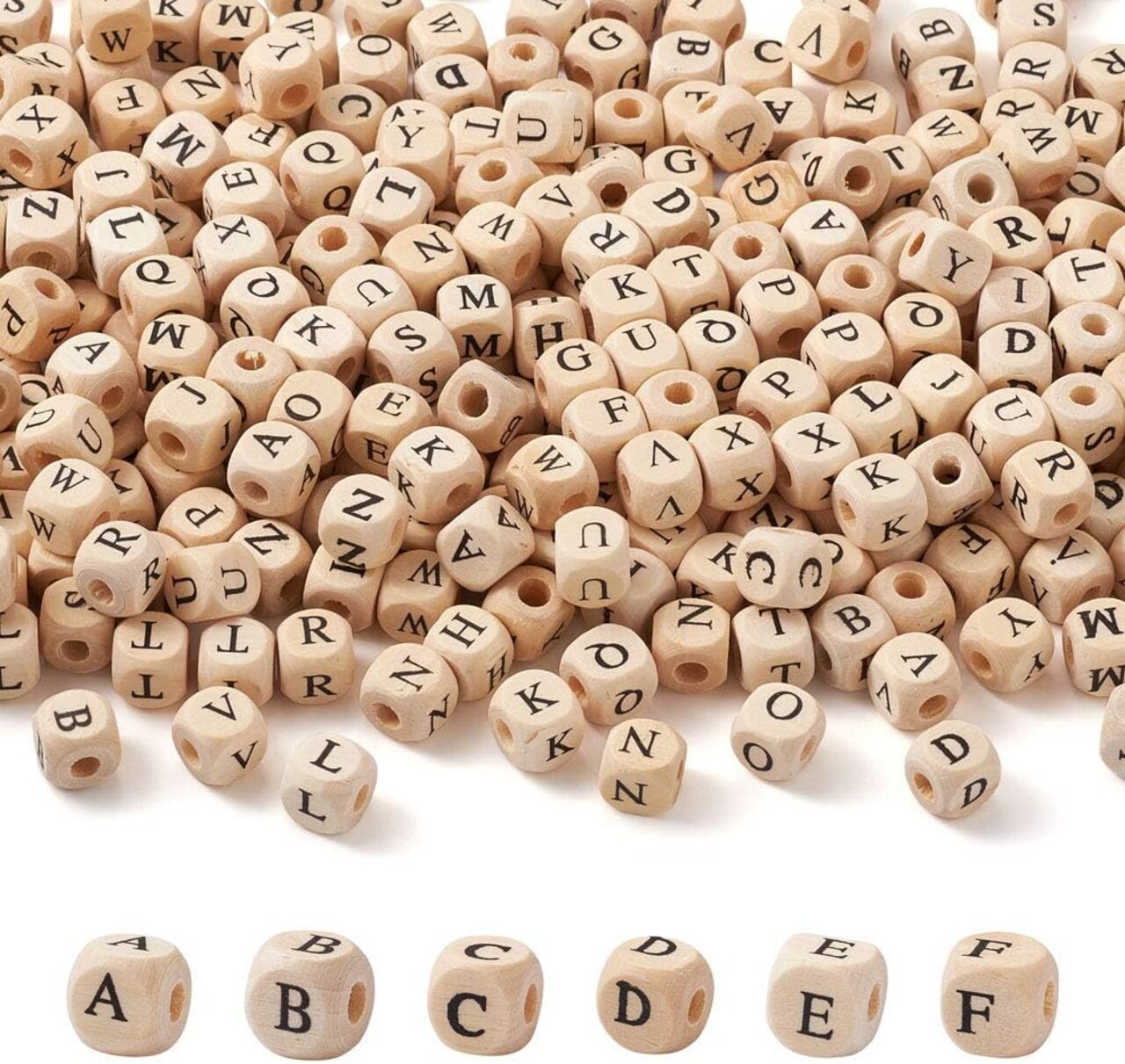 Cube Wood Beads with Initial 26 Letters (PapayaWhip#10mm)